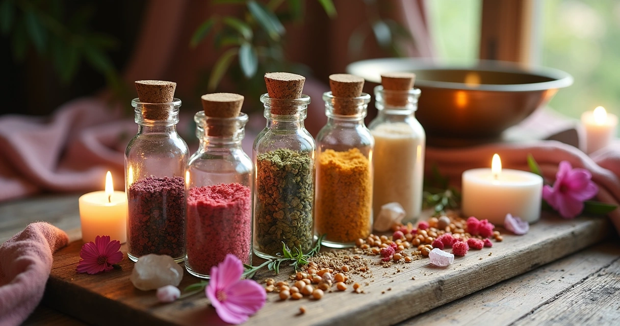 Frascos de banho mágico com ervas e flores sobre mesa de madeira com cristais e velas acesas 