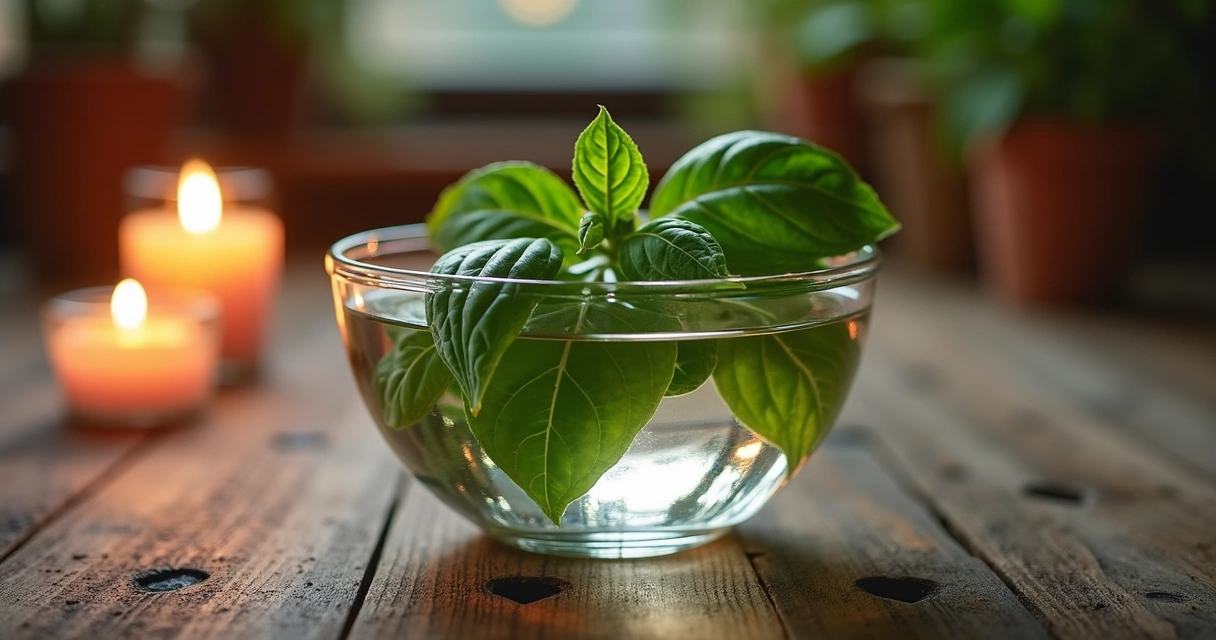 Banho de manjericão energizando água em recipiente de vidro sobre uma mesa rústica 