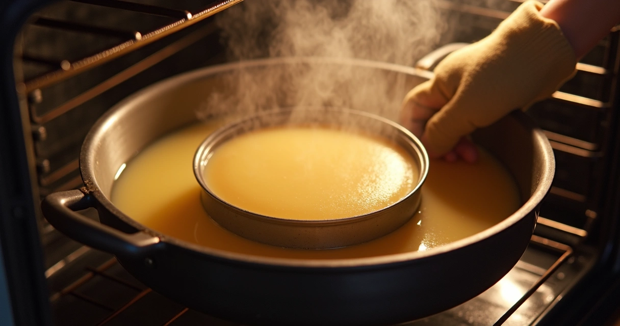 Forma de pudim em banho-maria no forno, com água fervendo em assadeira 