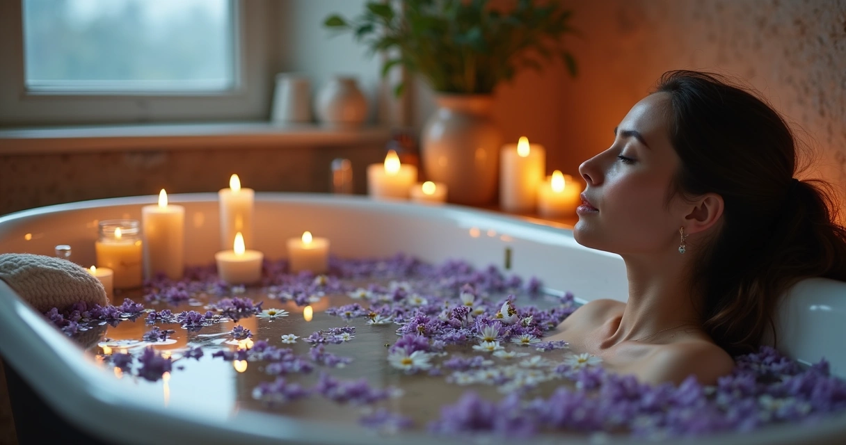 Mulher relaxando em banheira com flores e ervas ao redor, luz suave de velas 