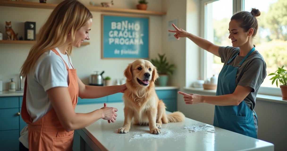 Cão sendo premiado com banho em pet shop como recompensa 