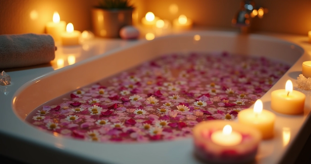 Banho de pétalas em ambiente relaxante com luz suave e velas acesas 