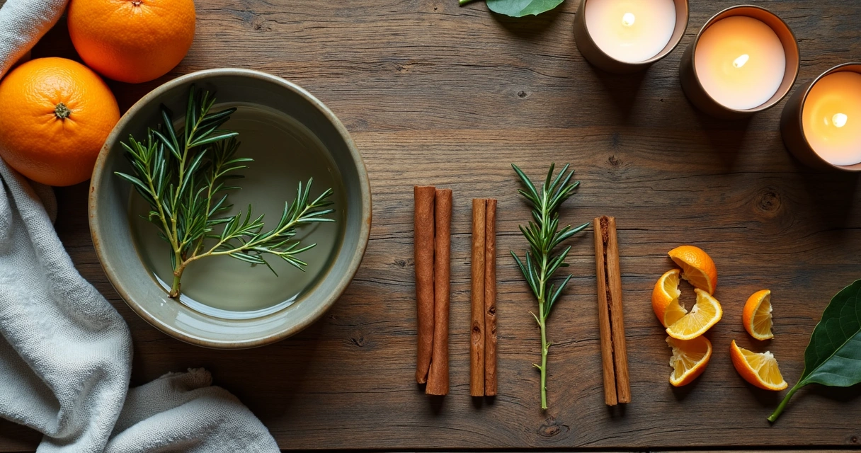 Utensílios e ingredientes para banho energético, incluindo alecrim, canela, louro e frutas cítricas 