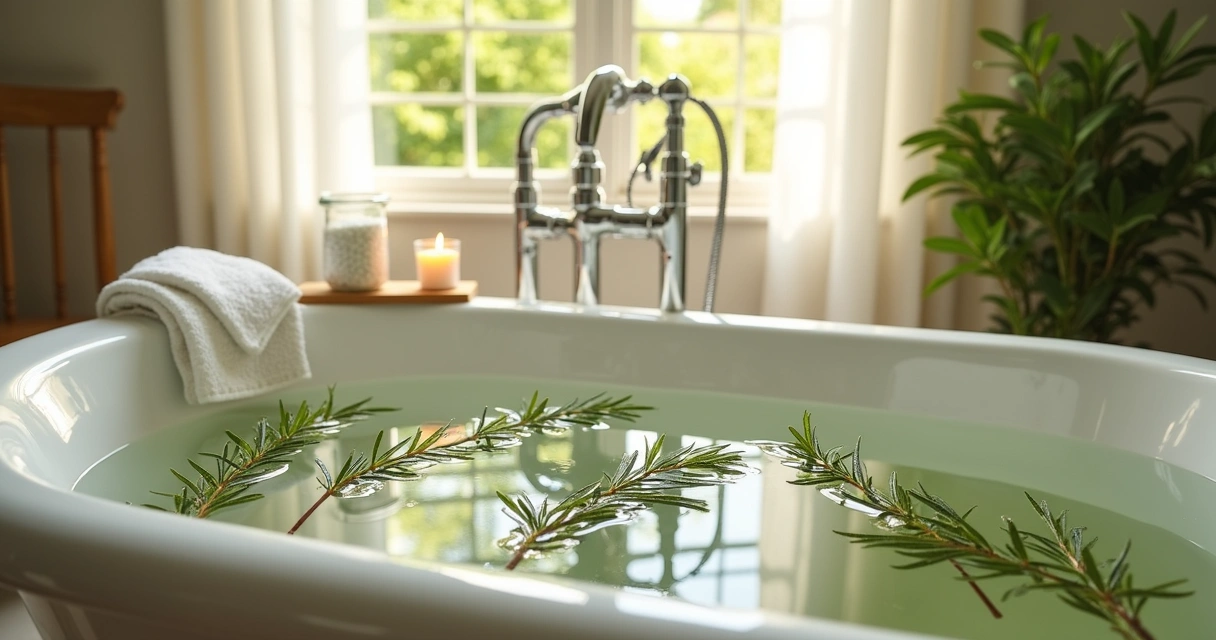 Banho energético com ervas naturais em uma banheira de porcelana branca