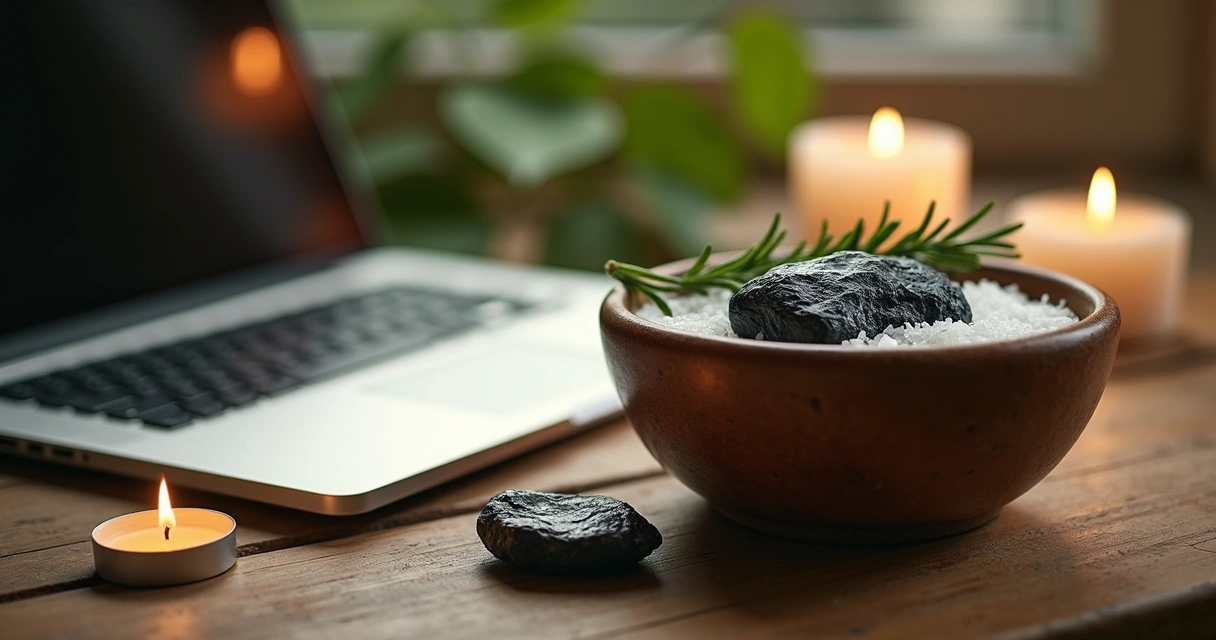 Banho de ervas e pedras ao lado de notebook aberto em ambiente calmo