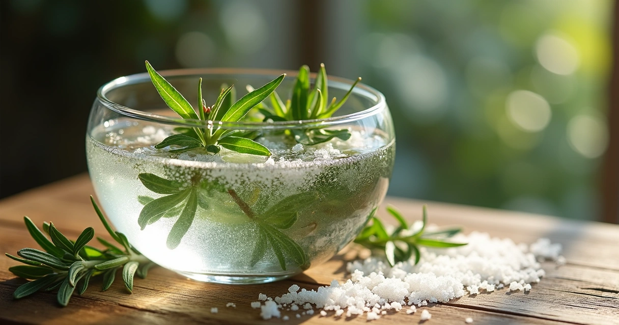 Banho de ervas em uma tigela com alecrim, arruda e sal grosso 