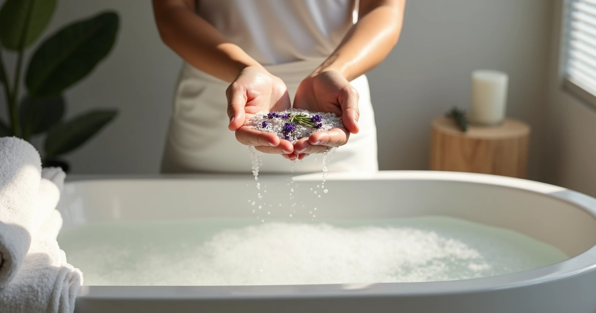 Pessoa segura sal grosso e lavanda para banho de purificação.