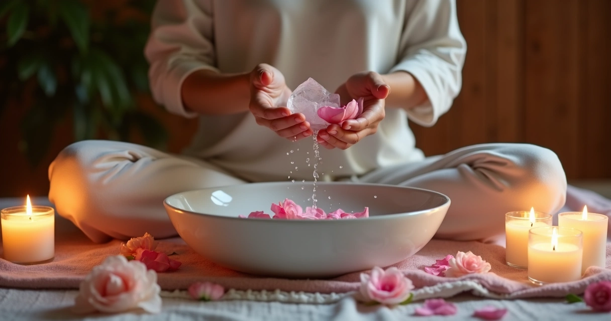 Banho espiritual com quartzo rosa e pétalas de rosa 