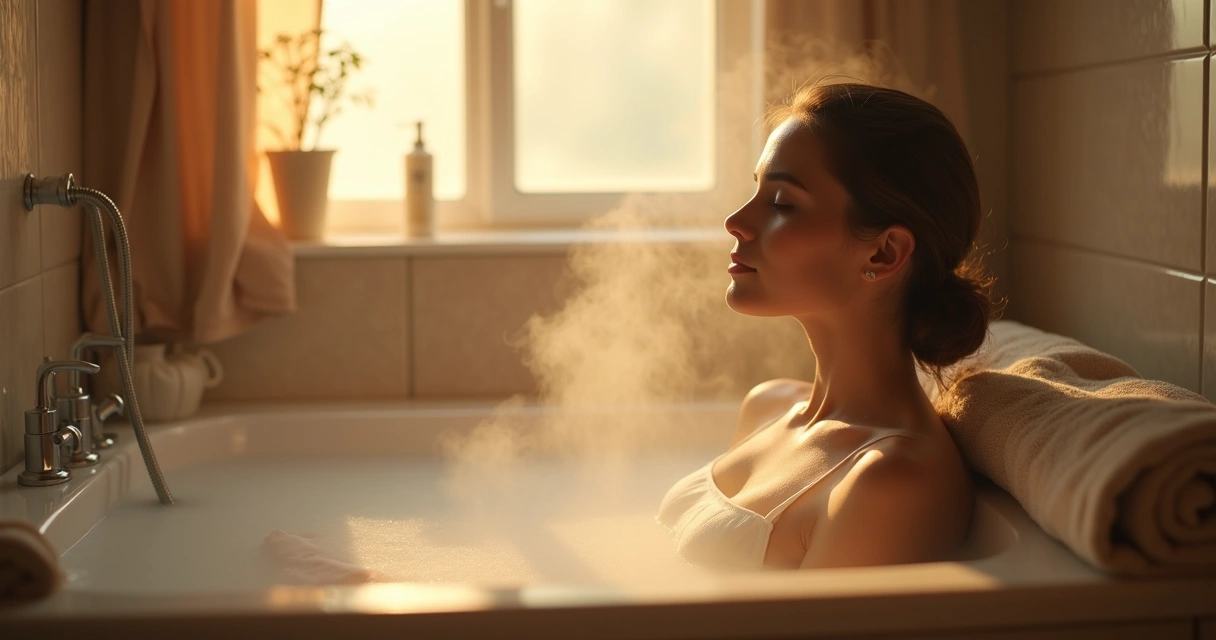 Mulher adulta tomando banho quente relaxante em casa, vapor suave e ambiente aconchegante 