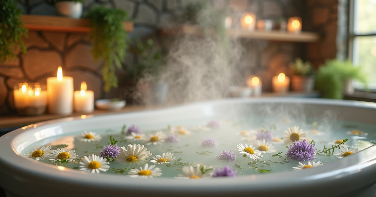 Cena de um banho relaxante com ervas, luz suave de velas e flores rodeando a banheira.