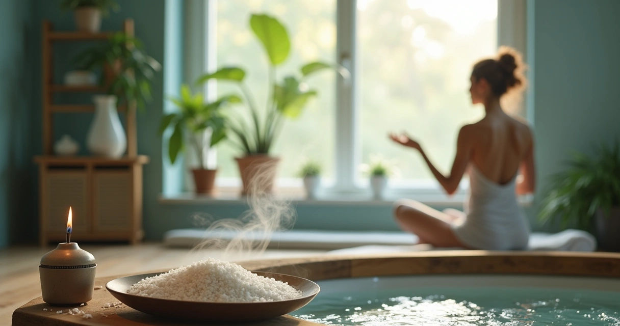 Banho relaxante com sal grosso, incenso e música, criando uma atmosfera de calma e pureza.