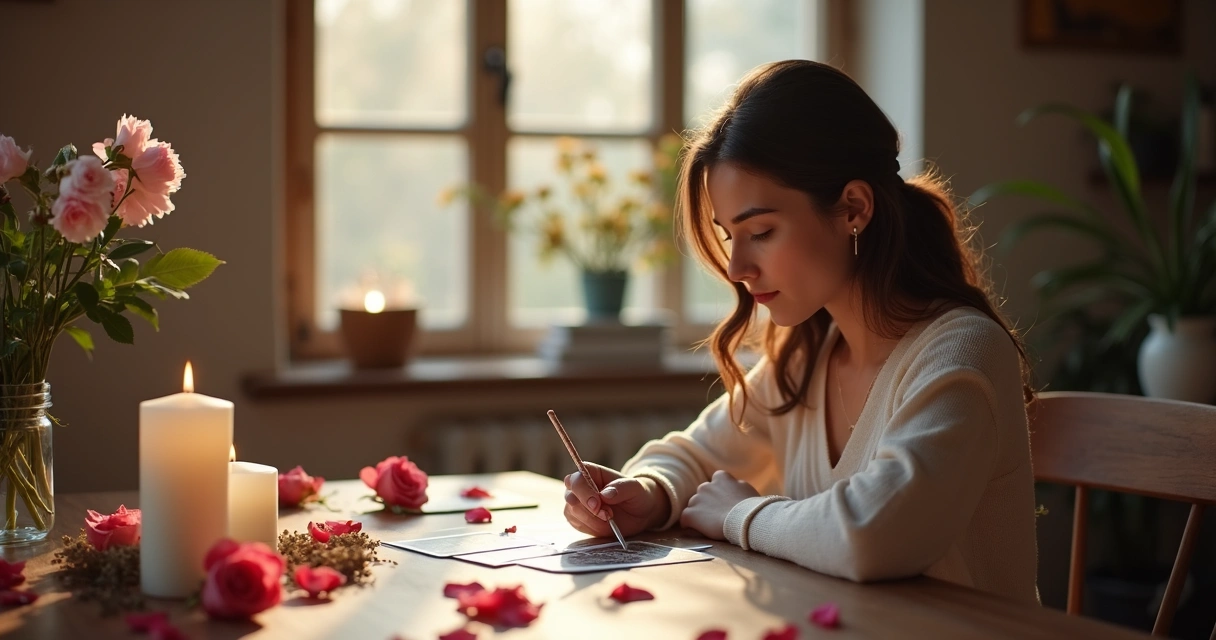 Mulher olhando para cartas de tarot perto de vela acesa e flores, simbolizando renovação amorosa 