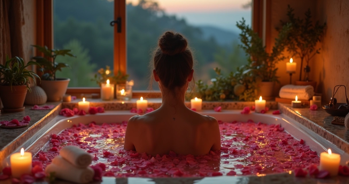 Banho ritualístico com pétalas de rosa e velas acesas para conexão amorosa 