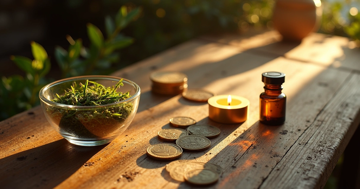 Itens de banho e ritual para prosperidade em mesa de madeira 