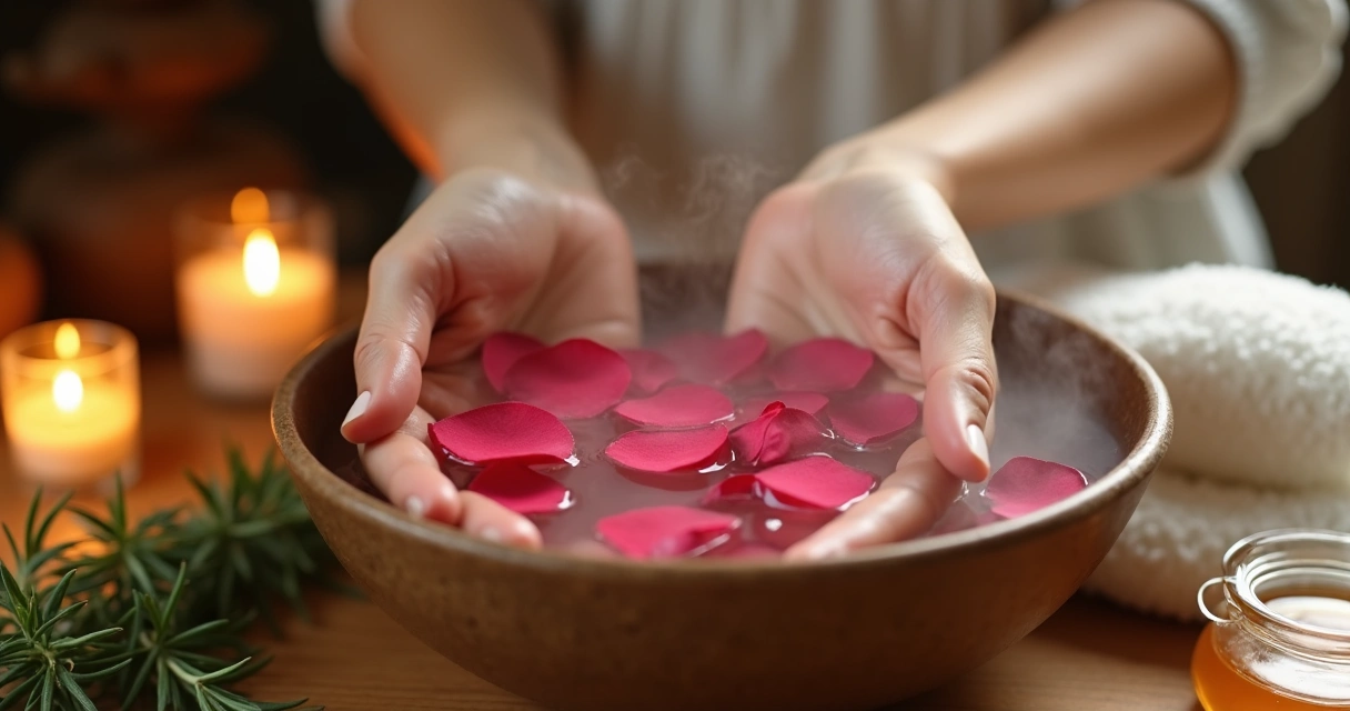 Banho ritual de conexão com pétalas e elementos naturais nas mãos 