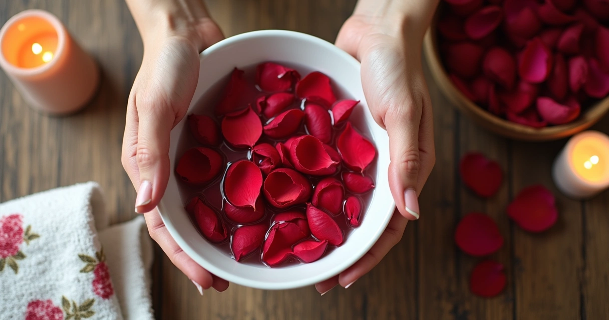 Banho de rosas com pétalas vermelhas em uma bacia branca, preparado para simpatia. 
