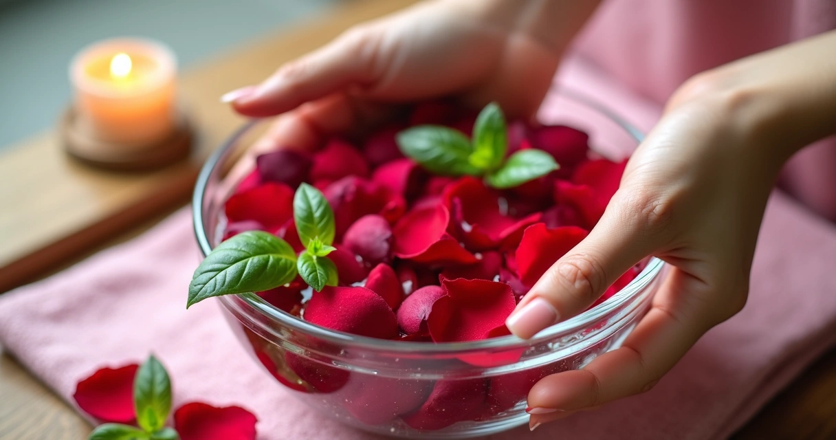 Banho de rosas vermelhas e manjericão em recipiente com mãos femininas pegando pétalas
