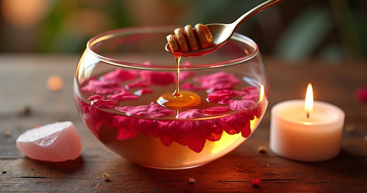 Banho energético com pétalas de rosa e mel em recipiente de vidro 