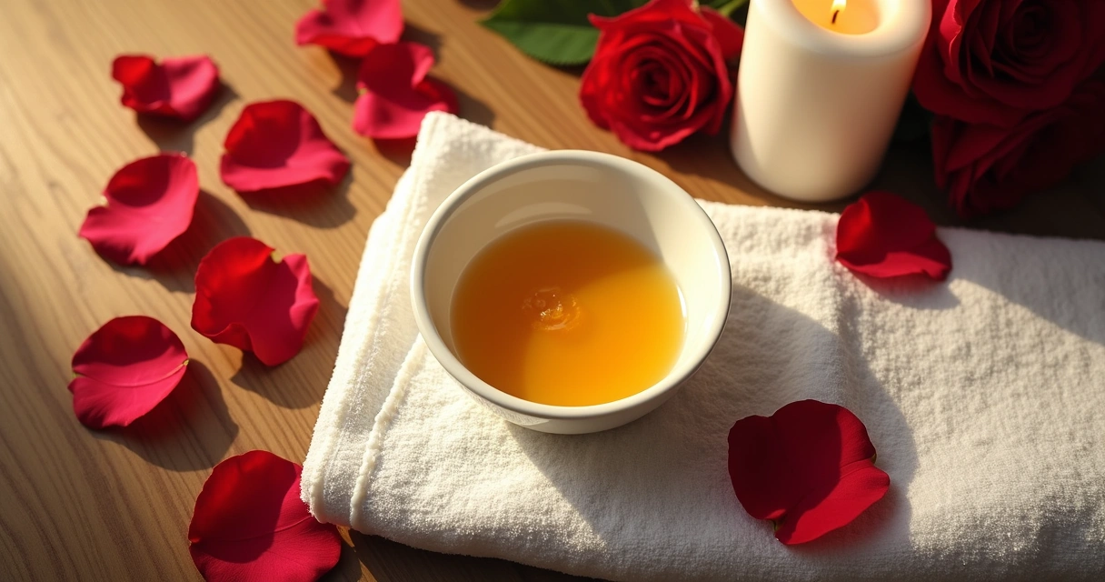 Banho de rosas, mel e vela sobre toalha branca 