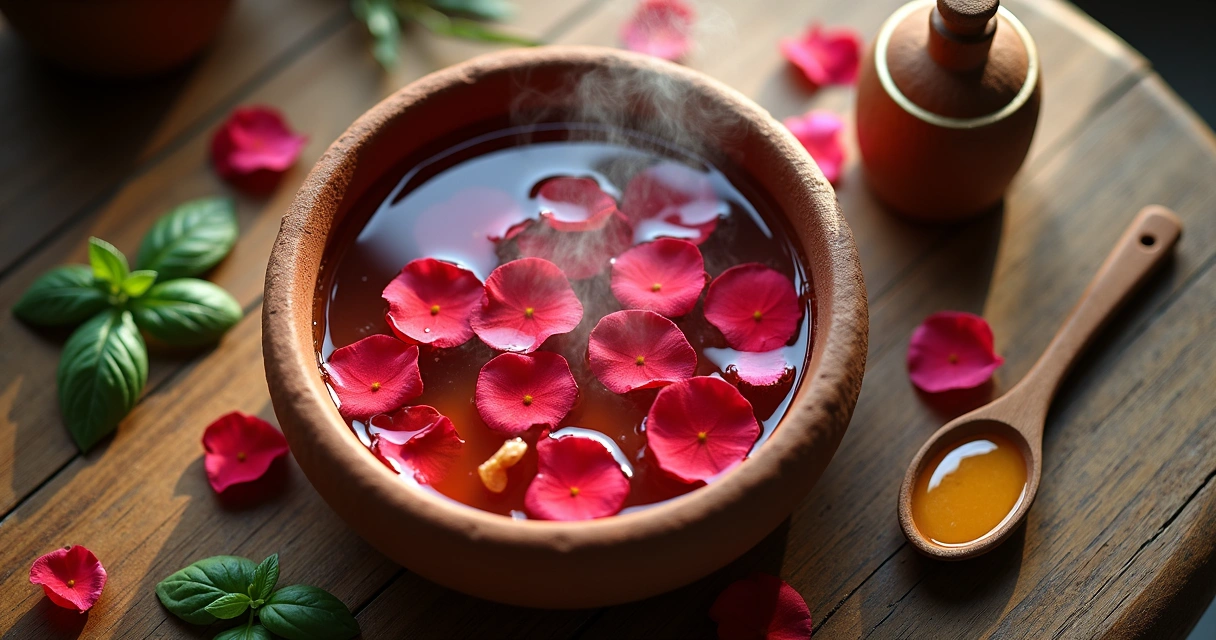 Banho de rosas com pétalas vermelhas e mel em uma bacia 