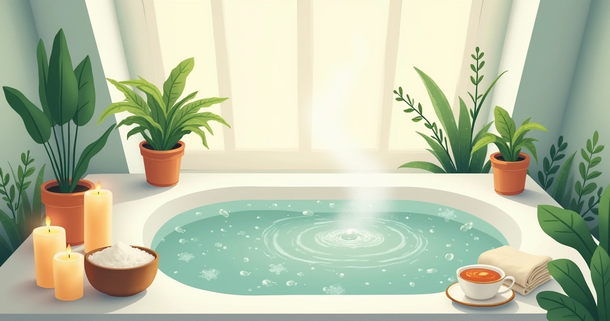 Banheiro sereno com banheira cheia de água morna e sal grosso flutuante, decorado com velas e plantas. 