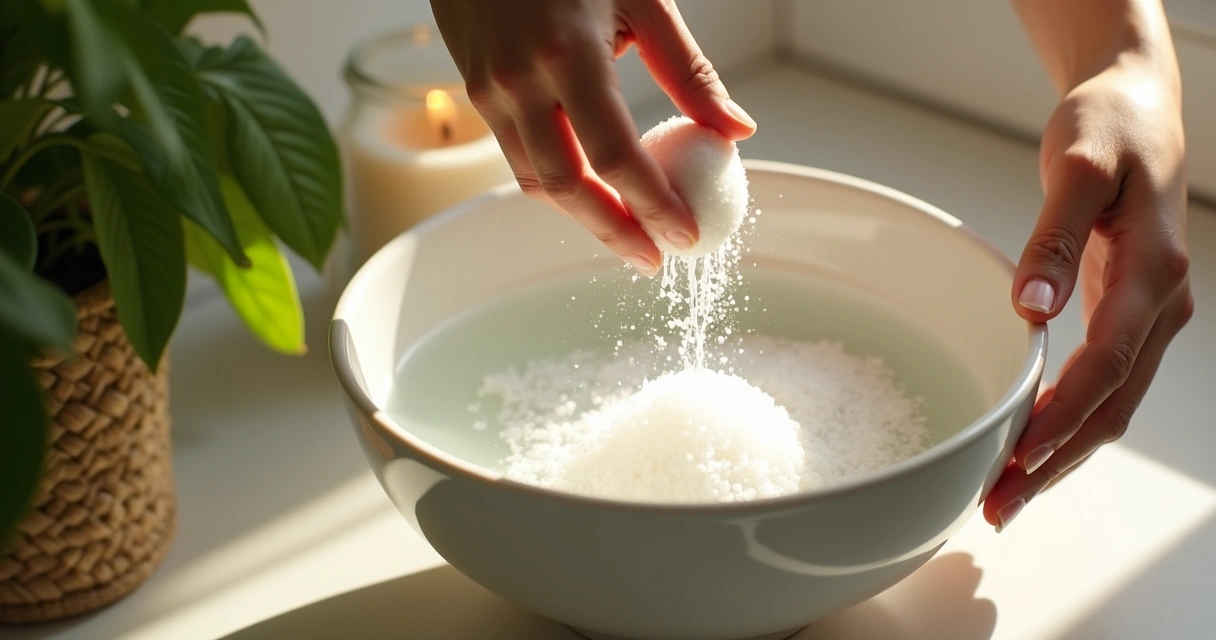 Mãos femininas preparando banho de sal grosso sobre uma bacia branca com água. 
