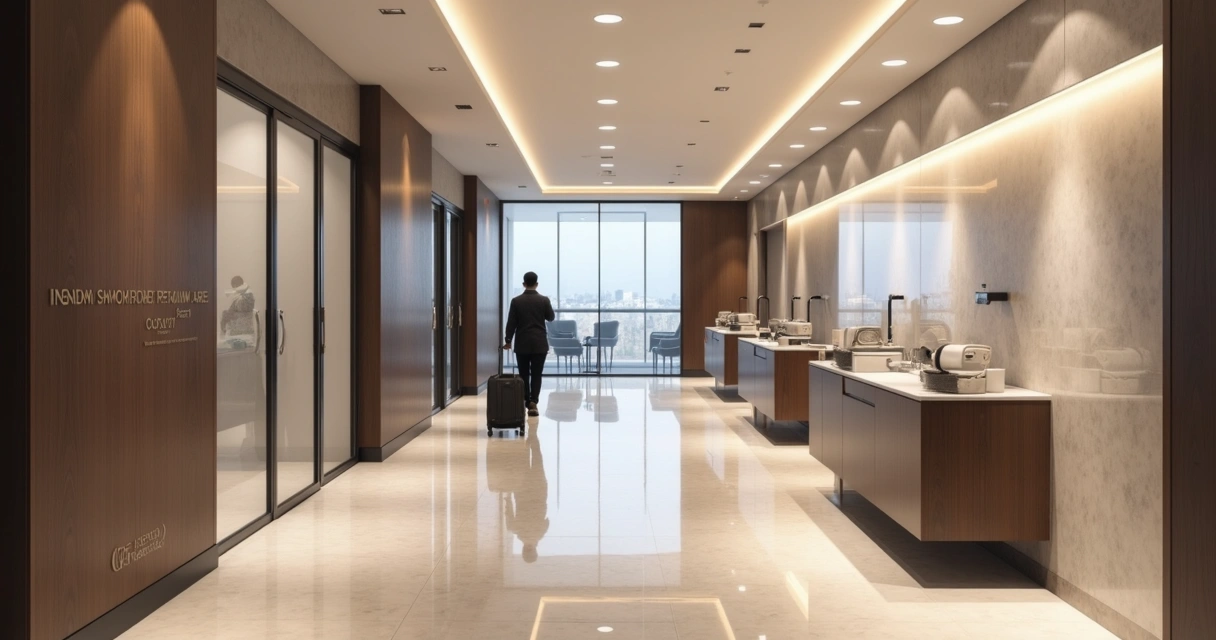 Corredor de sala VIP com área de banho e trabalho 