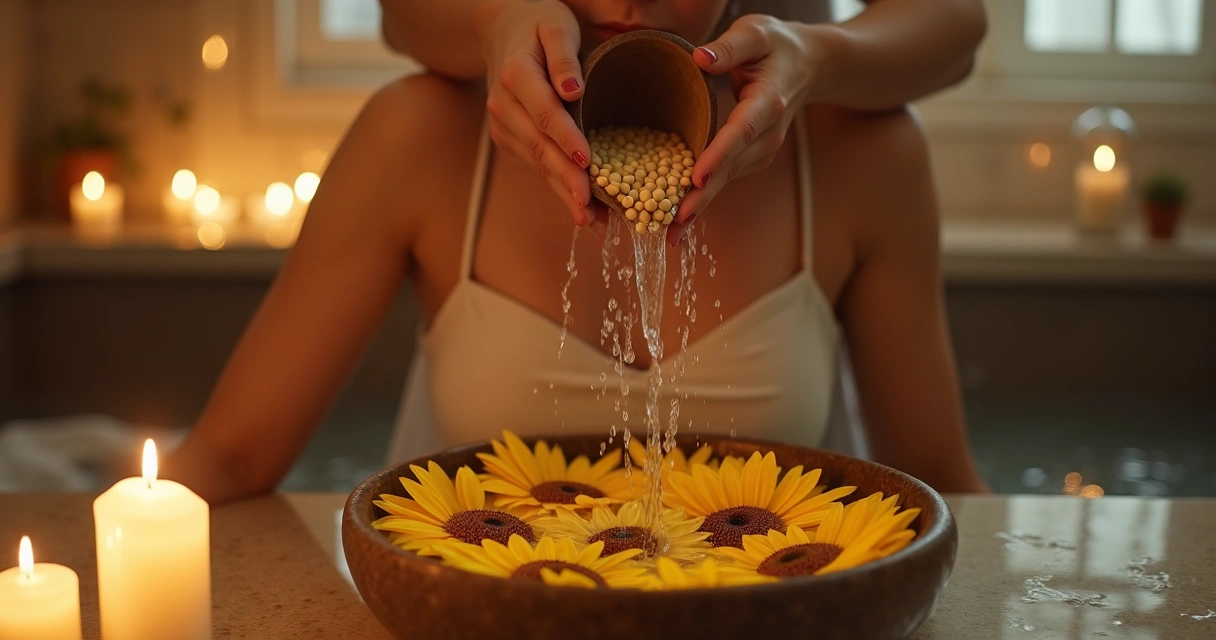 Banho energético com sementes de girassol e flores amarelas em ambiente relaxante 