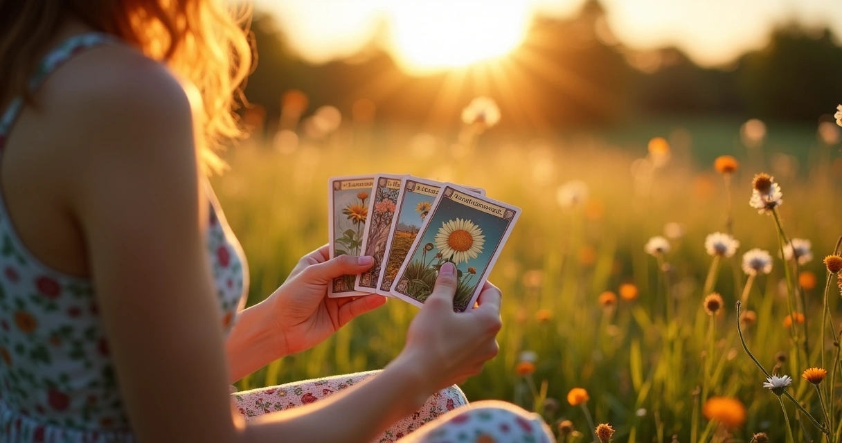 Pessoa tomando banho de sol com cartas do baralho cigano. 