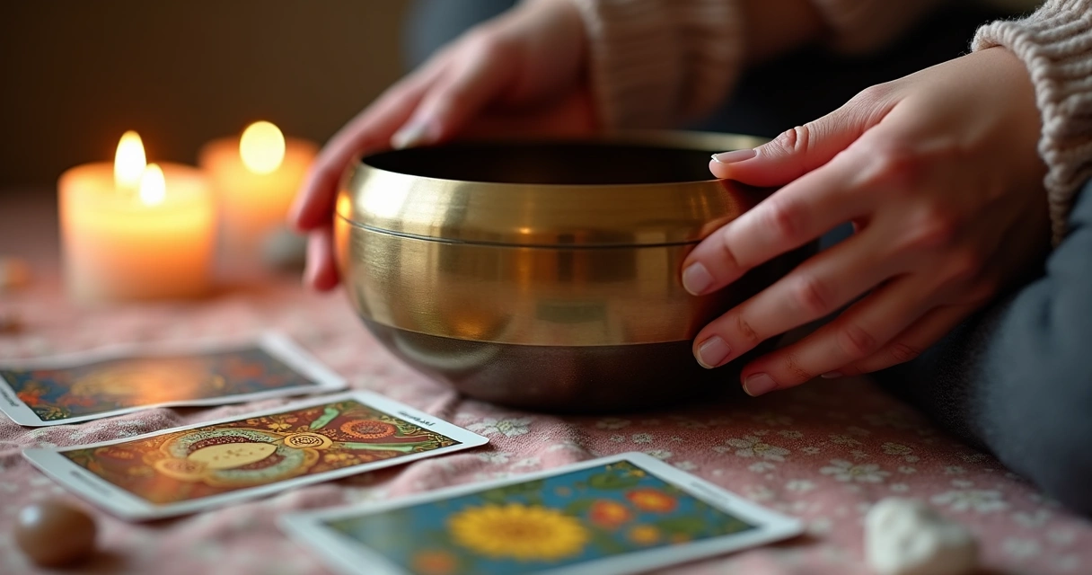 Pessoa usando tigela tibetana ao lado das cartas de tarot 