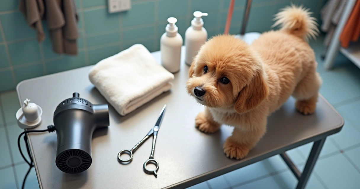 Mesa de banho e tosa com tesouras, secador e pet pronto para cuidado 