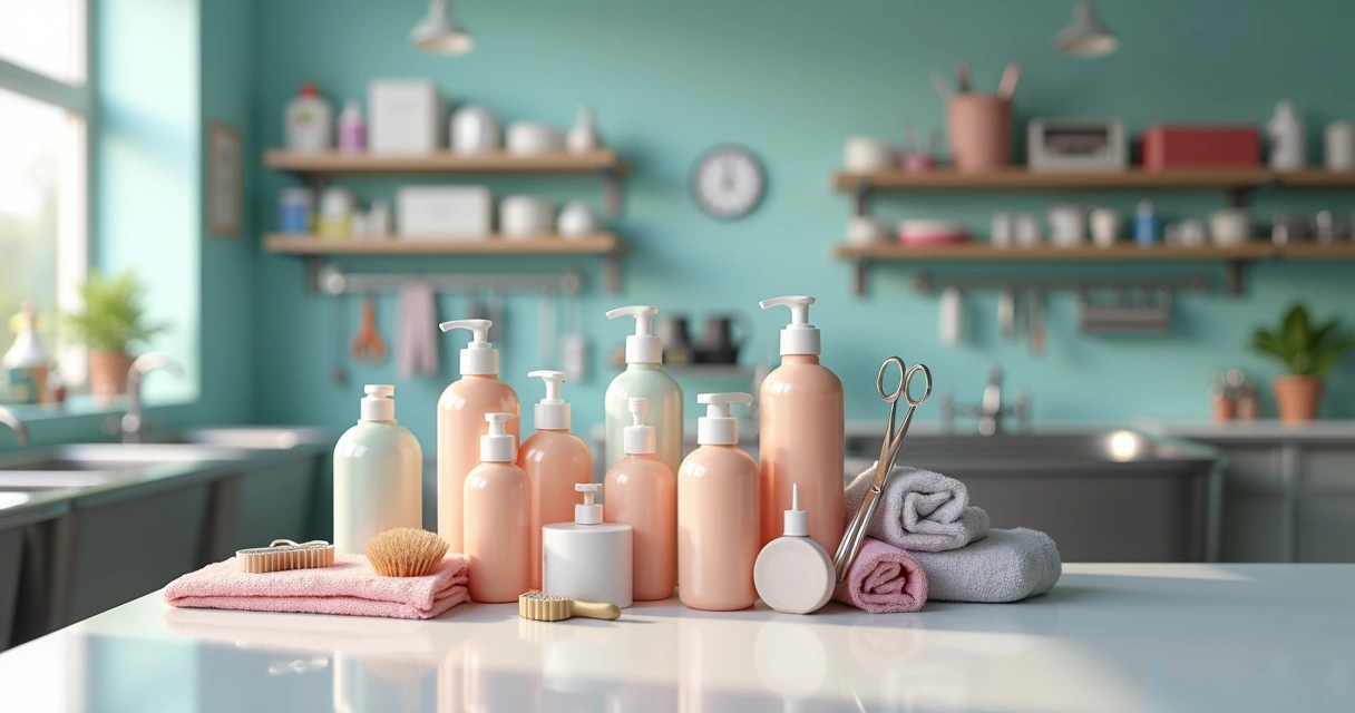 Produtos profissionais para banho e tosa organizados sobre bancada brilhante em petshop 