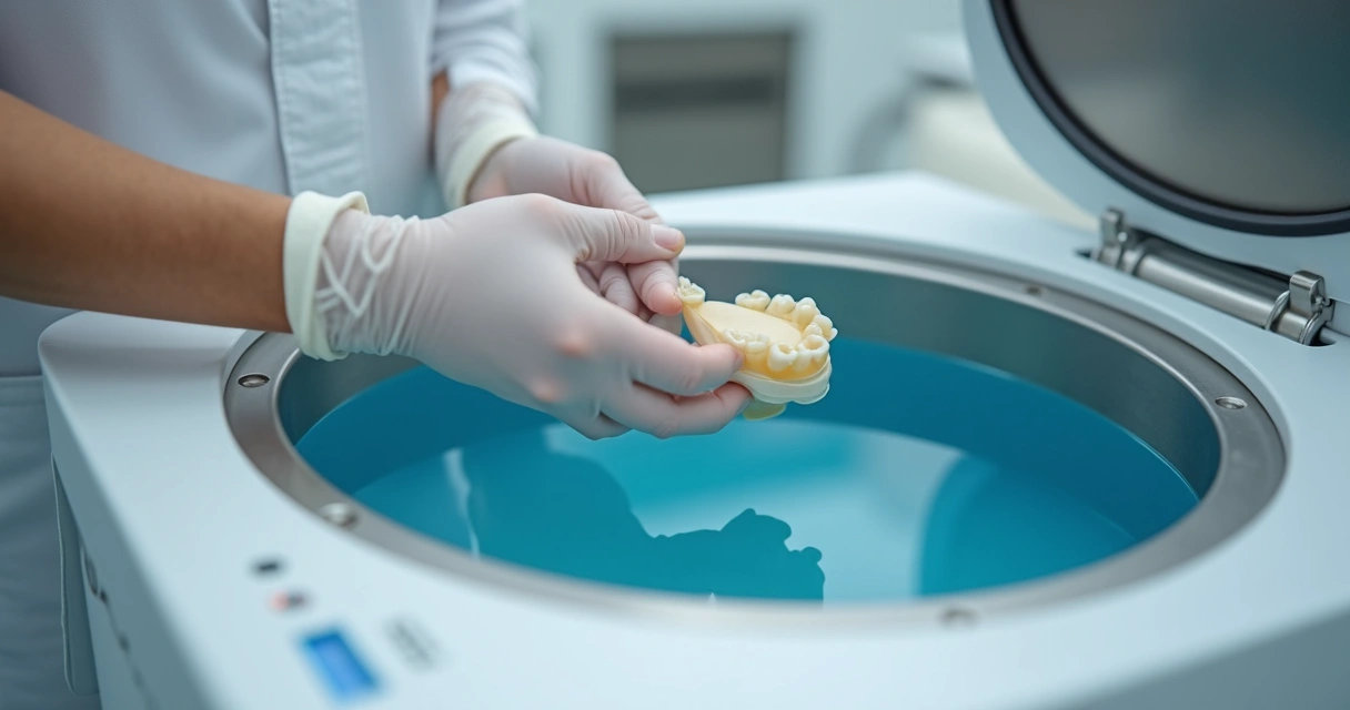 Banho ultrassônico limpando prótese flexível