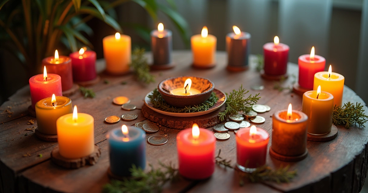 Diferentes velas coloridas acesas em círculo, simulando um ritual de banho de prosperidade 