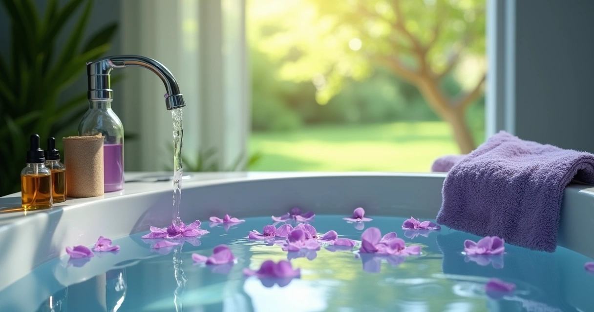 Banheira com água morna e pétalas de lavanda, cercada por frascos de óleos essenciais e velas em um banheiro relaxante.