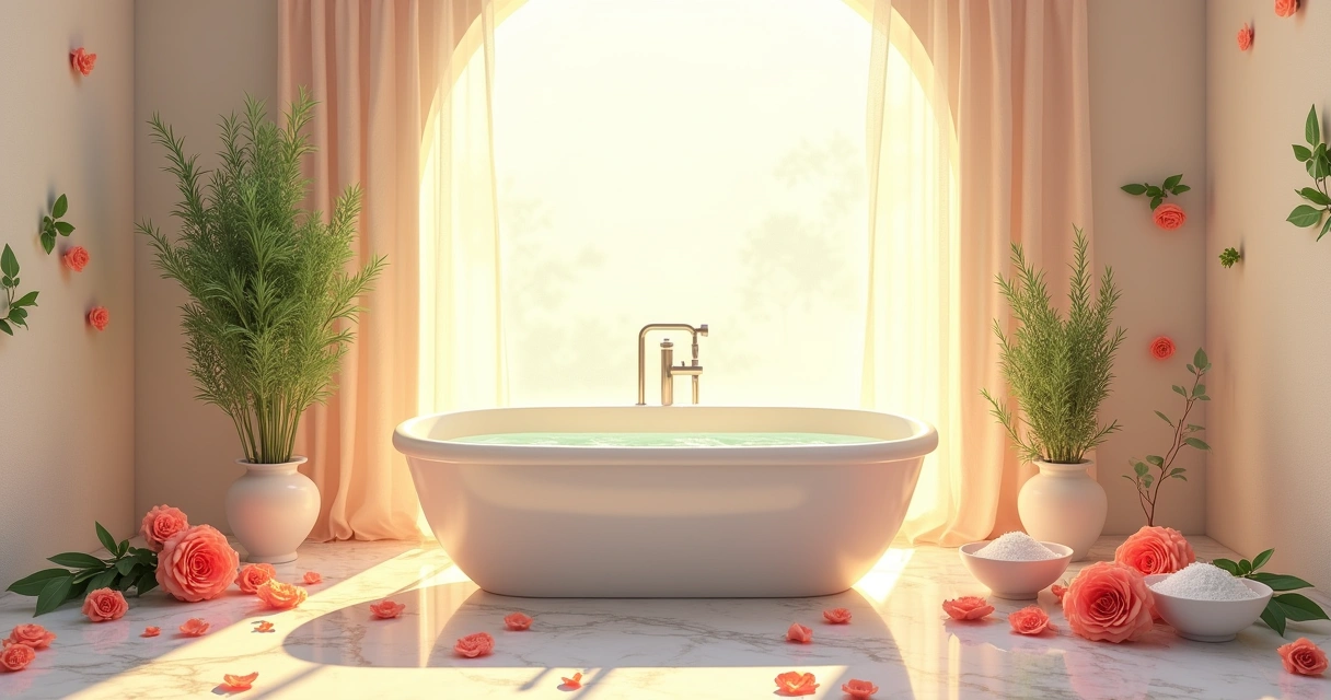 Banheiro sereno com banheira cheia de água, ervas, pétalas de rosa e sal marinho decorando o ambiente.