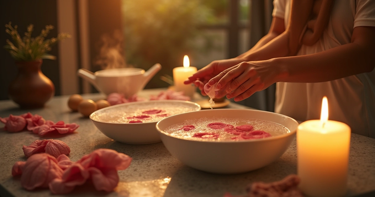 Banheiro zen com rituais de banhos energéticos: arruda, sal grosso, pétalas de rosa e limão.