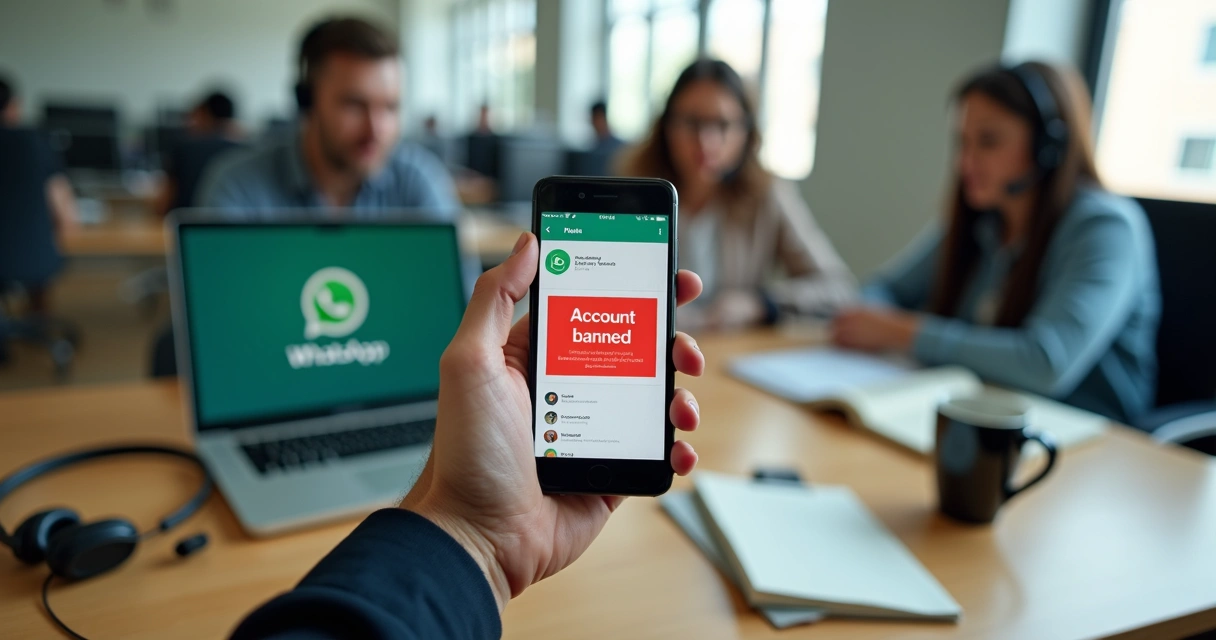 Tela de smartphone com alerta de conta do WhatsApp bloqueada em um escritório 