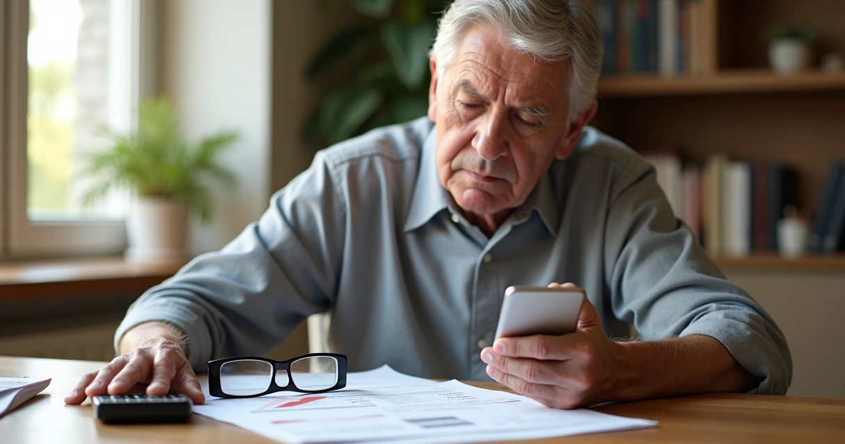 Elderly person checking financial statement with concern at home table 
