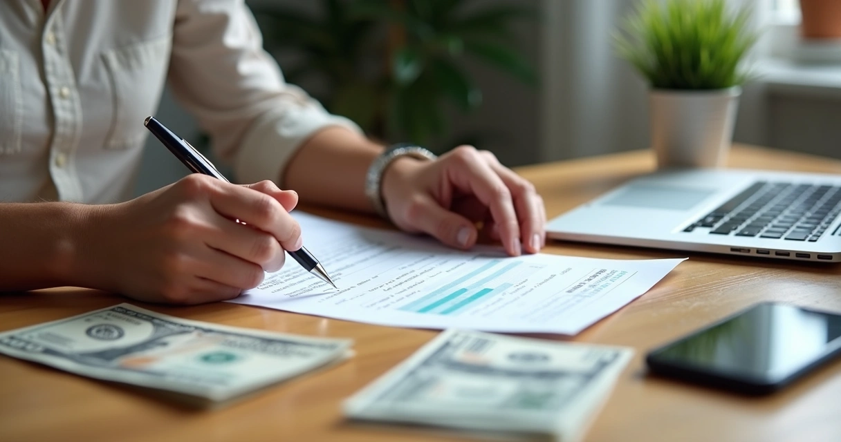 Person checking bank statement for unauthorized charges at home table 