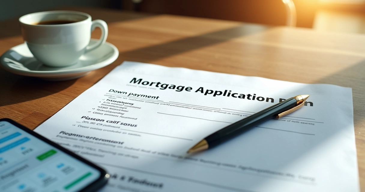 Mortgage application forms and bank documents on table 