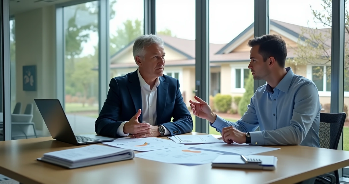 Self-employed borrower reviewing printed bank statements with mortgage advisor in modern office 