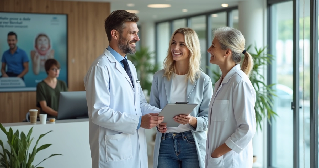 Banner de clínica odontológica moderna com dentista e paciente sorrindo 