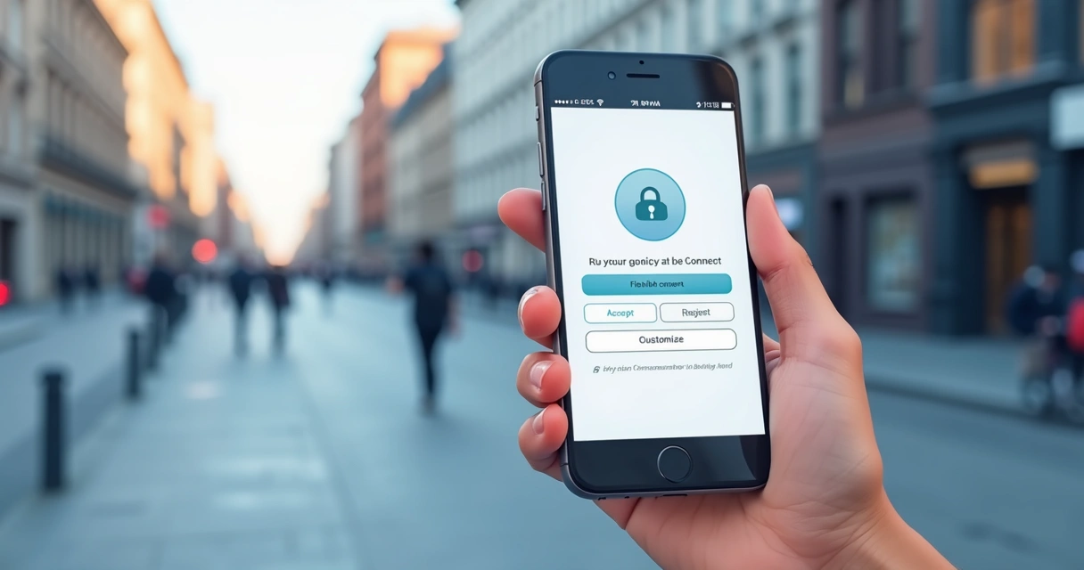 Ilustração de um banner de consentimento em um aplicativo mobile com botões de aceitar, rejeitar e personalizar 