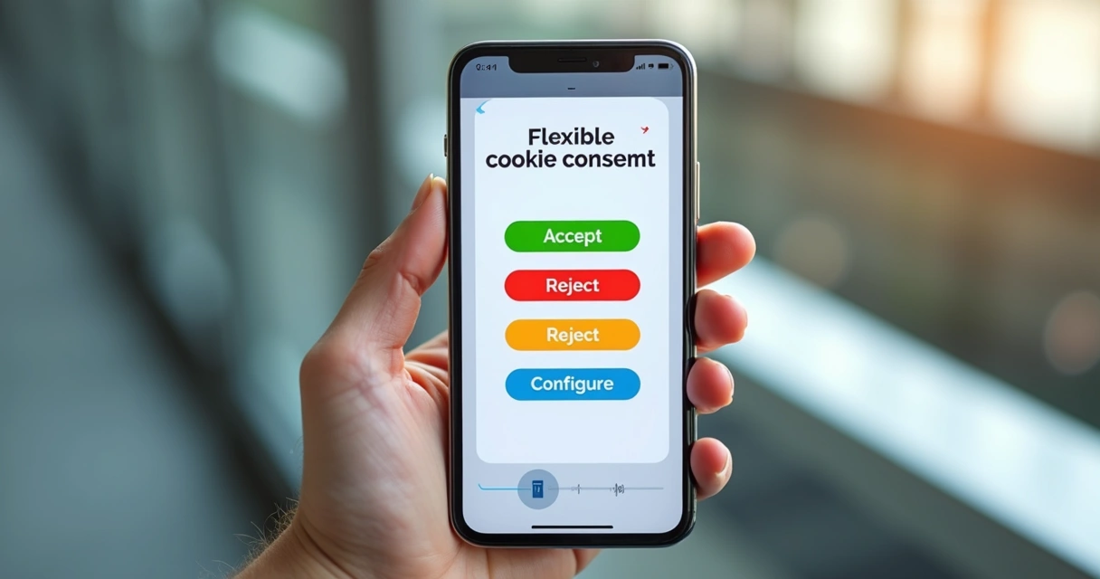 Tela de smartphone mostrando banner de consentimento flexível com botões para aceitar, rejeitar e configurar cookies 