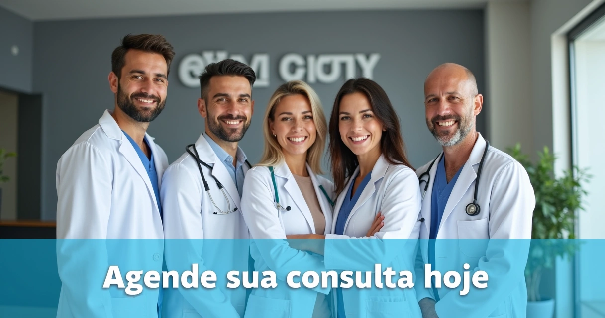 Equipe médica sorrindo em frente à clínica com banner de anúncio 
