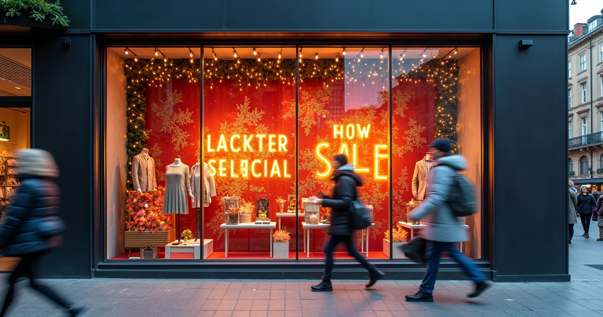 Banner promocional na vitrine de loja decorada