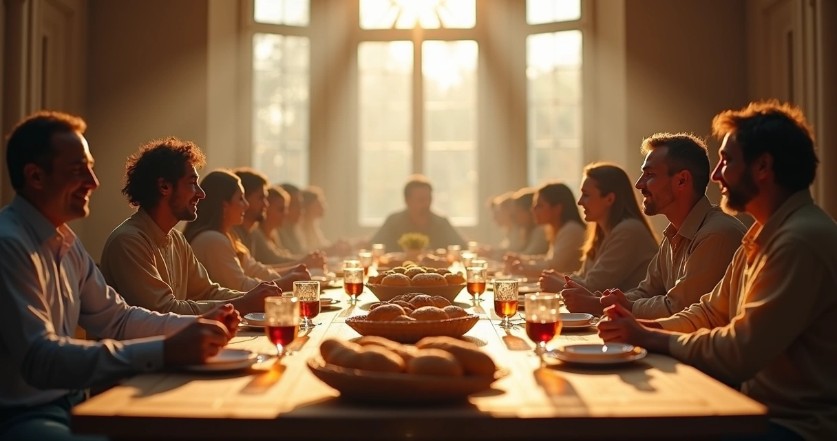 Mesa repleta de pão e vinho com pessoas em harmonia 