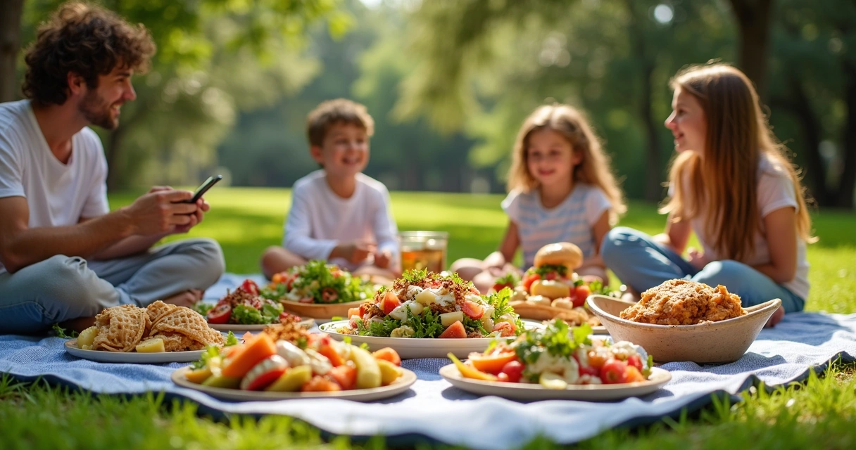 Banquete de piquenique familiar com comidas internacionais no parque de Orlando 