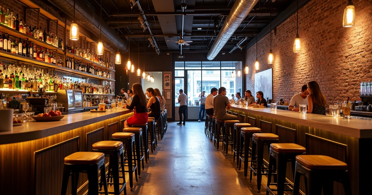Ambiente interno de bar americano moderno, balcão iluminado, drinks coloridos